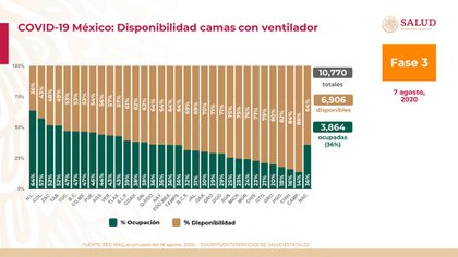 Gráfico de ocupación de camas con ventilador a nivel nacional (Foto: SSA)